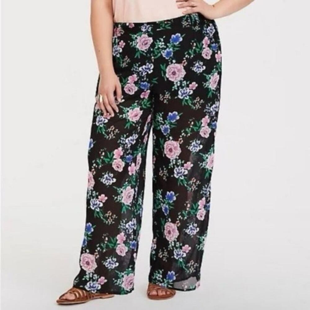 Torrid Challis Wide Leg Pant Plus Size‎ OO Floral Sheer Travel Vacation Resort